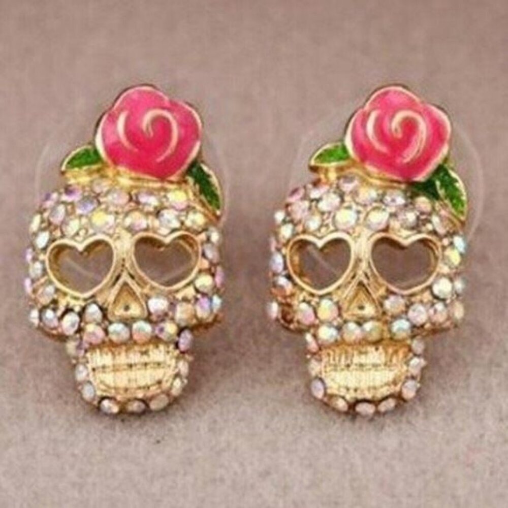 Day of the Dead Sugar Skull Rhinestone Enamel Earrings - Picture 2 of 4